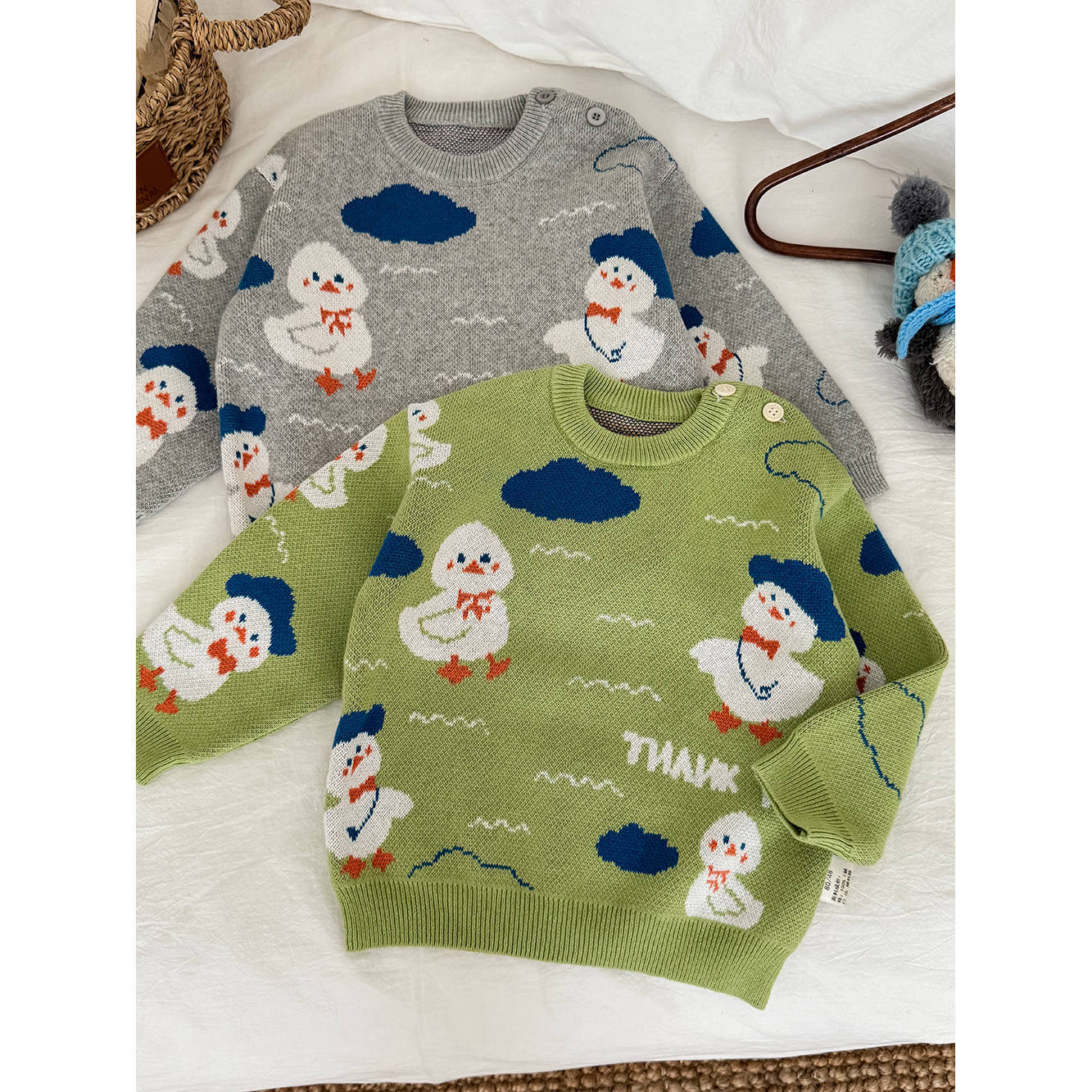 ニットセーター アヒル柄 厚手 クルーネック コットン ルーズフィット【mh0011690】