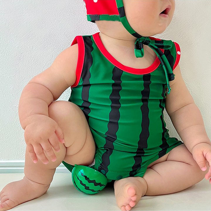 Watermelon Strawberry Fruit Motif One-Piece Swimsuit With Hat スイカ いちご ベビー ワンピース水着【mh0013377】