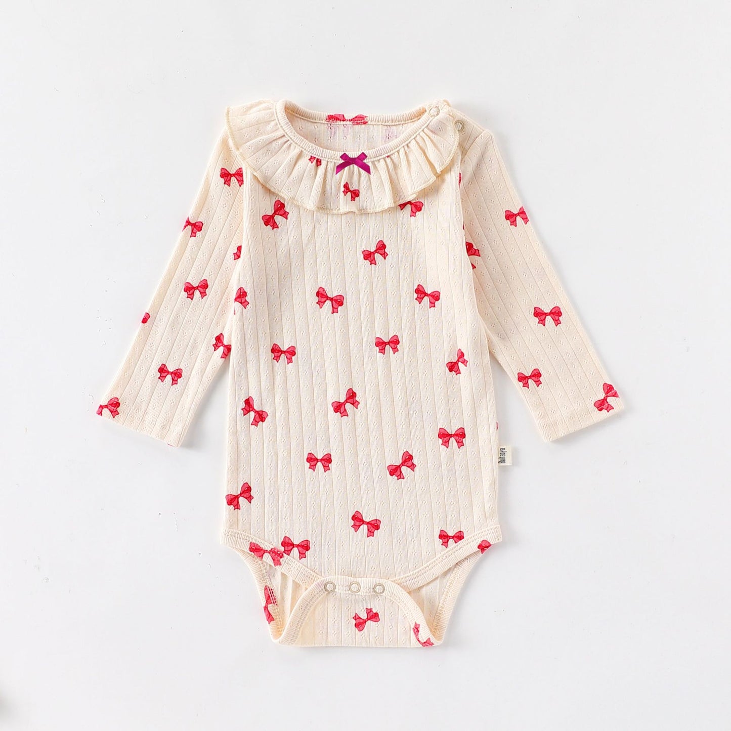 長袖ロンパース ラッフル襟 リボンプリント ボディスーツ【mh0011728】