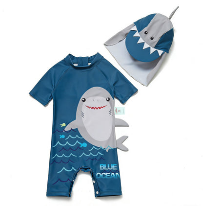 One-Piece Sun Protection Surf Wear プリント 半袖水着 帽子セット【mh0013319】