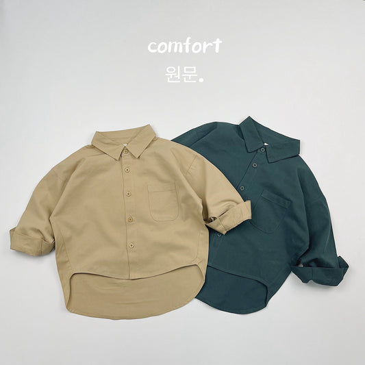 Camisa de manga larga lisa suelta con bolsillo en el pecho para niños【mh0013936】