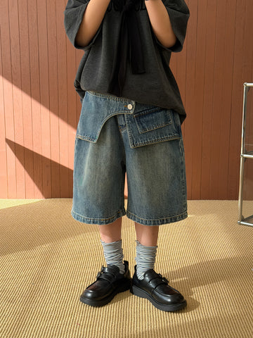 Asymmetric Waist Denim Shorts アシンメトリー デニム ハーフパンツ【mh0012518】