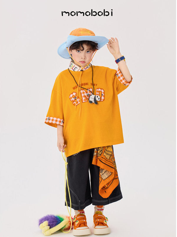Checkered Patchwork Tee Denim ギンガムロゴ 半袖Tシャツ デニムハーフパンツ【mh0012992】