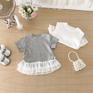 Tiered Lace Hem Ribbed T-shirt 裾フリルレース 半袖Tシャツ【mh0012702】