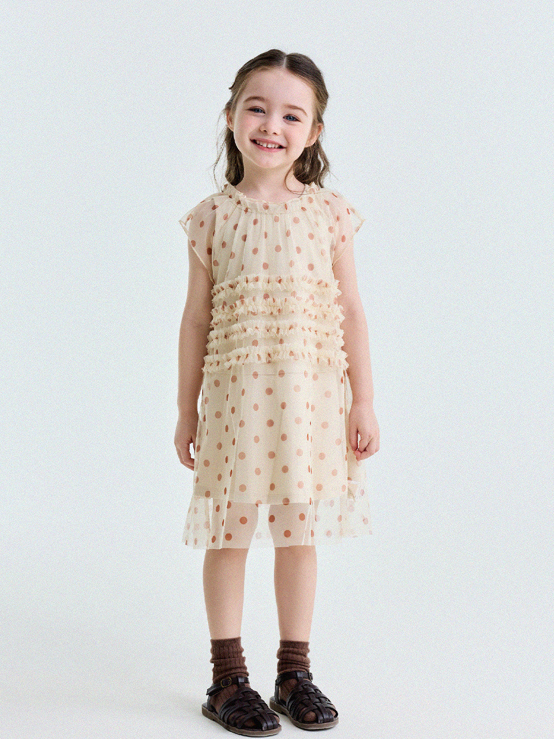 Polka Dot Ruffle Mesh Dress チュール フレンチスリーブワンピース【mh0013199】