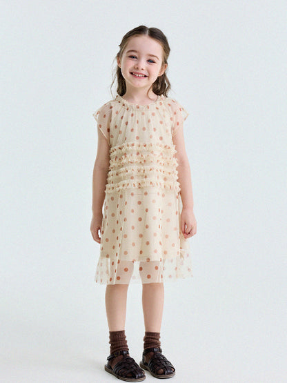 Polka Dot Ruffle Mesh Dress チュール フレンチスリーブワンピース【mh0013199】