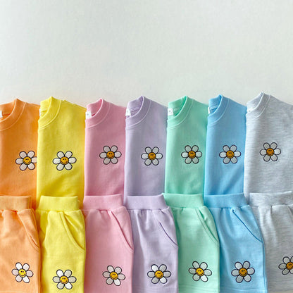 ベビー用半袖Tシャツ＋ショートパンツセット色展開（花ワンポイント）