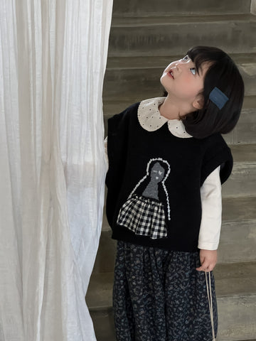 Kids Polka Dot Peter Pan Collar Long Sleeve T-Shirt, Knit Vest, Cropped Pants [mh0013898]