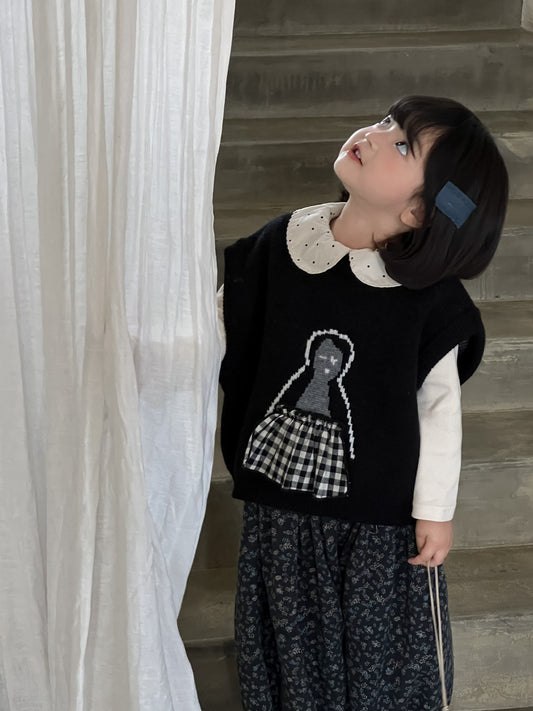 キッズ ドット柄 ピーターパンカラー 長袖Tシャツ ニット ベスト クロップドパンツ【mh0013898】