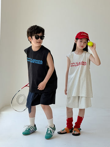 Sporty Lettering Sleeveless Shorts Set ロゴ ノースリーブTシャツ ハーフパンツ セット【mh0013535】
