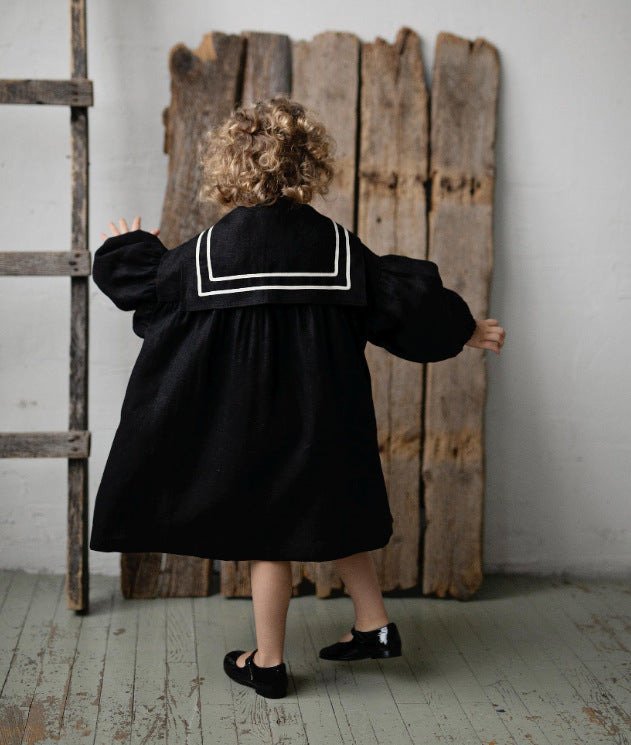 Kids' Sailor Collar Detachable Puff Sleeve Linen A-Line Long-Sleeved Dress [mh0013876]