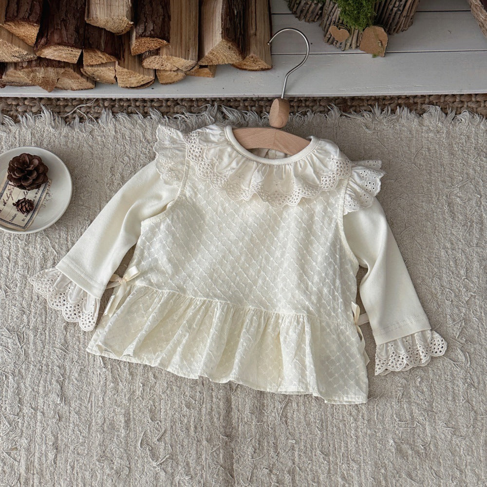 Blusa camisola con bordado de lazo y mangas con volantes para bebés y niños 【mh0014488】