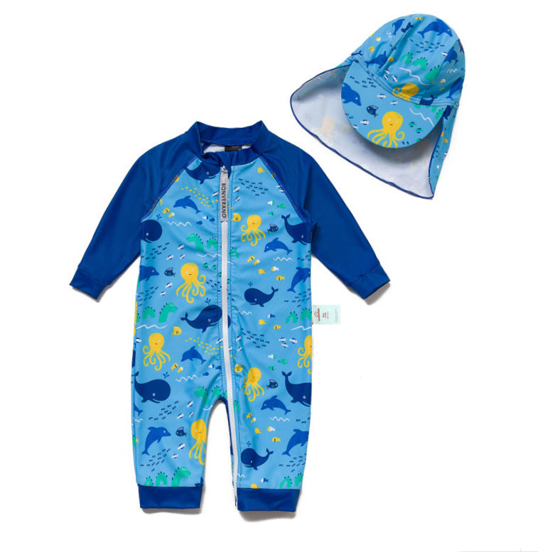 One-Piece Surf Wear With Matching Cap プリント 長袖水着 帽子セット【mh0013315】