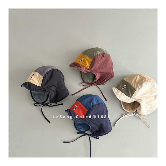 キッズ帽子 裏フリース 耳当て付き カラーブロック フライトキャップ【mh0011837】