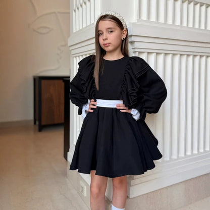 Kids' Ruffle Ribbon Long-Sleeve Dress 【mh0014738】
