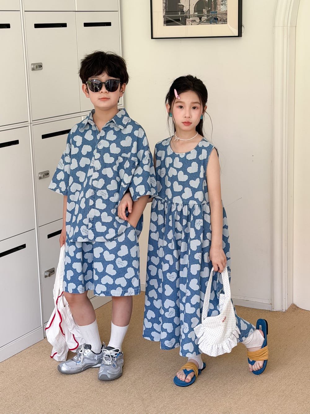 Heart Pattern Denim Set Dress ハート 半袖シャツ ハーフパンツ ノースリーブワンピース【mh0013526】