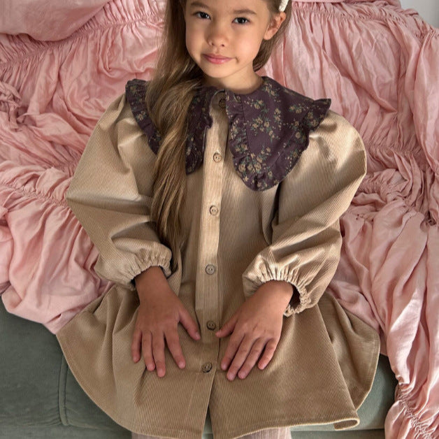 Kids' Floral Corduroy Long-Sleeve Dress with Floral Ruffle Collar【mh0014756】