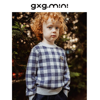 -長袖ニットセーター 綿100% チェック柄 クルーネック シンプル【mh0011341】 - mamahalo shop - ニット・セーター -  べビー服 - 子供服 - 男の子 - 女の子