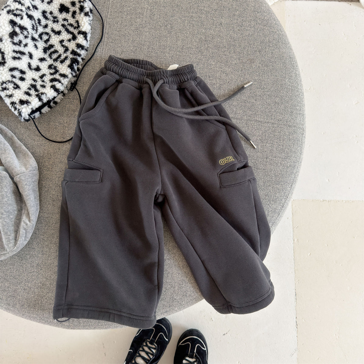 Pantalones largos de felpa para niños, corte holgado con cintura elástica y forro polar [mh0014538]