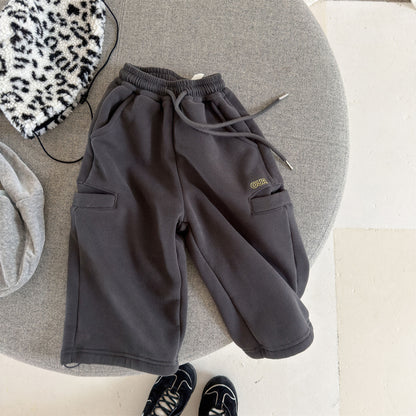 Pantalones largos de felpa para niños, corte holgado con cintura elástica y forro polar [mh0014538]