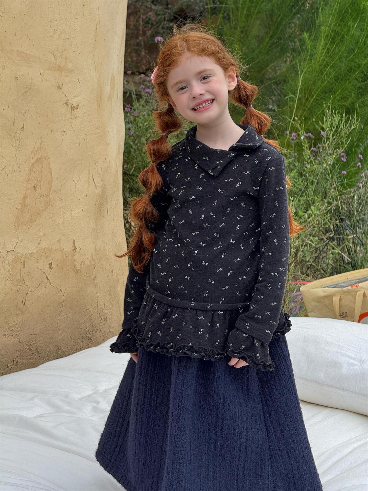 長袖ハイネックTシャツ 花柄 裾フリル レイヤード【mh0011748】