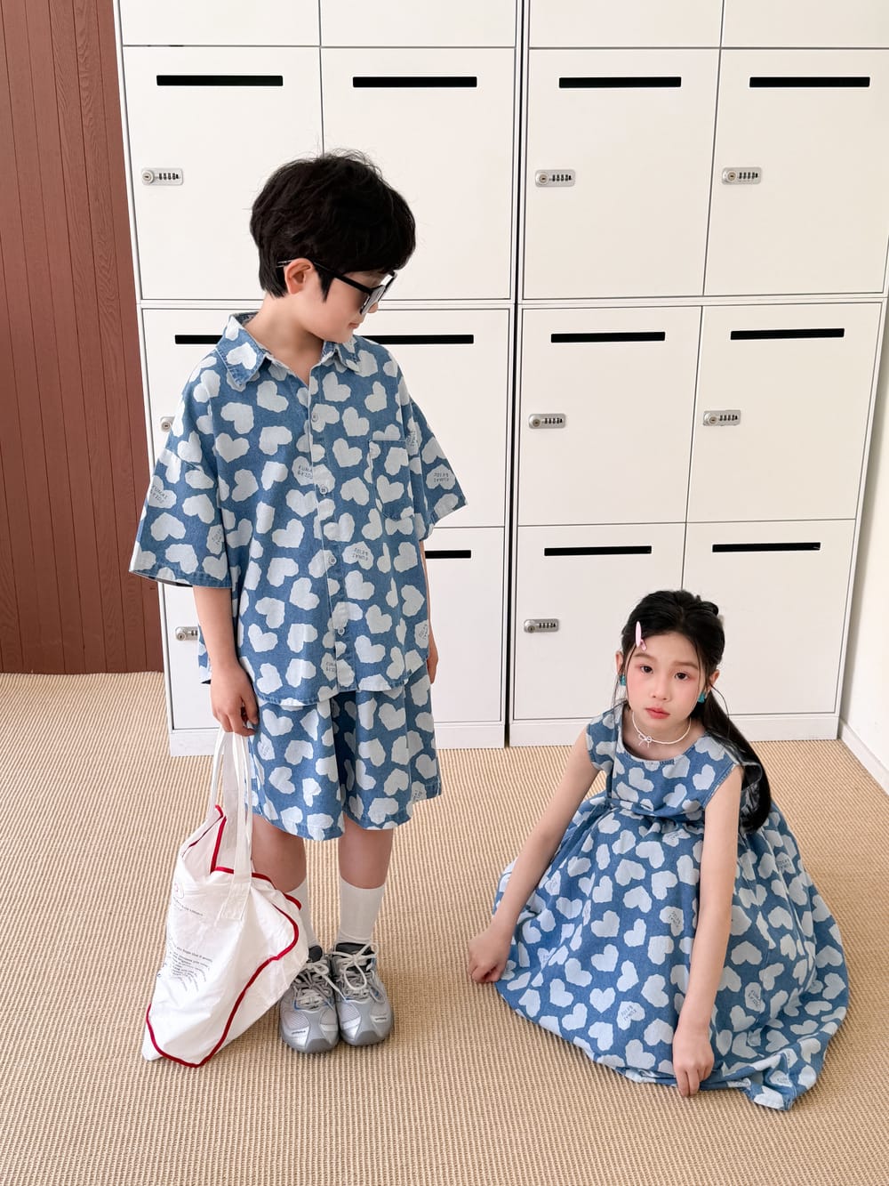 Heart Pattern Denim Set Dress ハート 半袖シャツ ハーフパンツ ノースリーブワンピース【mh0013526】