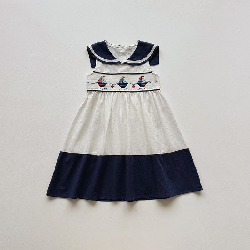 ヨット刺繍 セーラーカラー ノースリーブワンピース レトロモダン【mh0013662】
