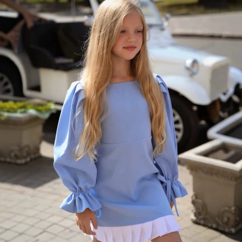 Kids' Pleated Paneled Puff-Sleeve Long-Sleeve Dress【mh0014739】