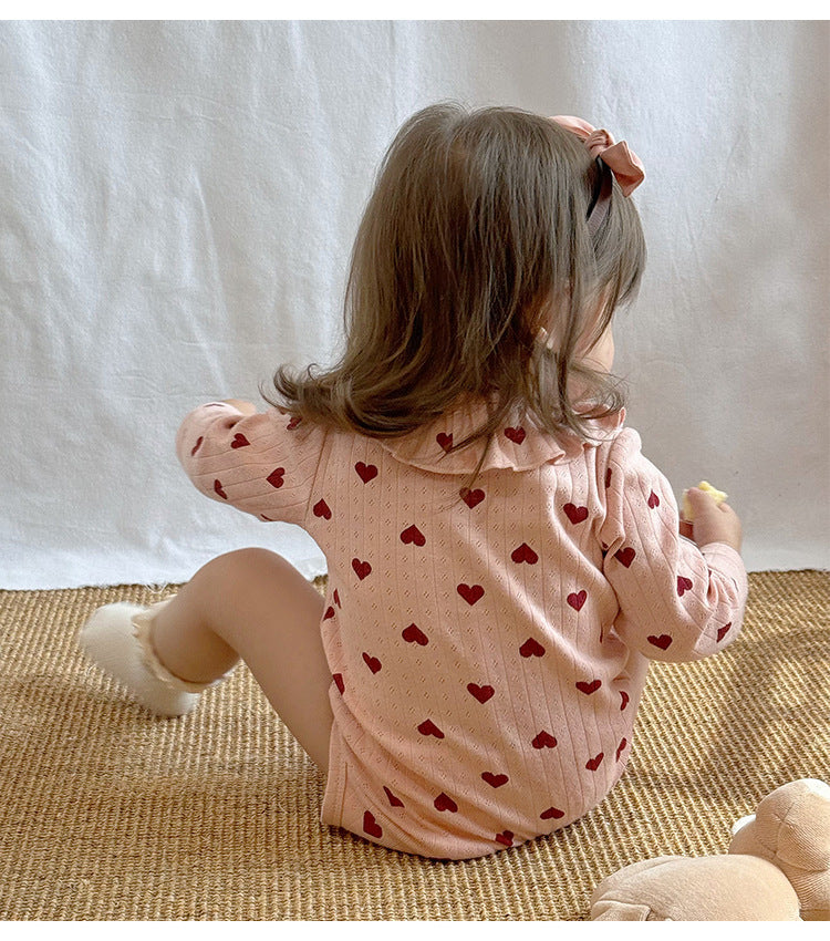 -ハート/リボンプリントラッフル襟長袖ロンパース【mh0010735】 - mamahalo shop - 長袖ロンパース -  べビー服 - 子供服 - 男の子 - 女の子