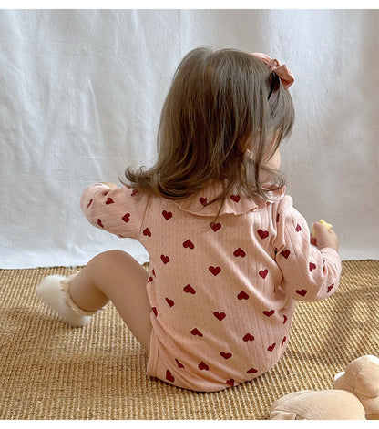 -ハート/リボンプリントラッフル襟長袖ロンパース【mh0010735】 - mamahalo shop - 長袖ロンパース -  べビー服 - 子供服 - 男の子 - 女の子