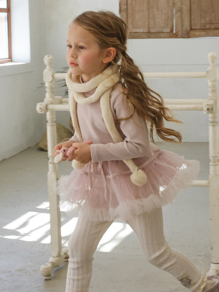 キッズ ジュニア チュール ティアード リボン 裏起毛 長袖ワンピース【mh0014802】