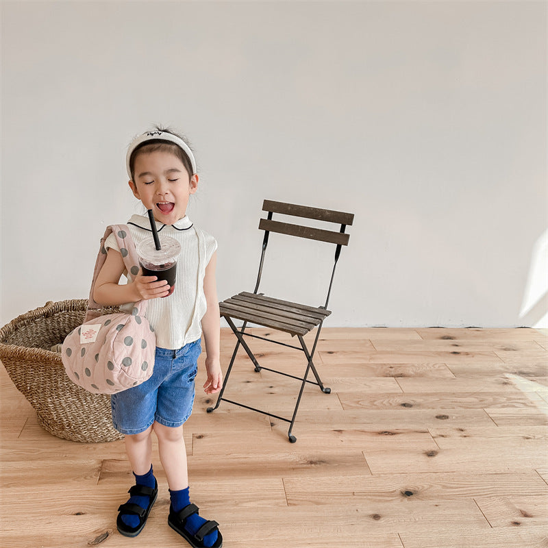 Kids' Ribbed Sleeveless T-shirt with Collar and Round Neck【mh0001795】