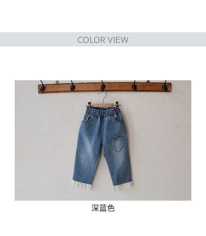 -ハート刺繍レース裾ワイドデニムパンツ【mh0010822】 - mamahalo shop - デニムパンツ -  べビー服 - 子供服 - 男の子 - 女の子