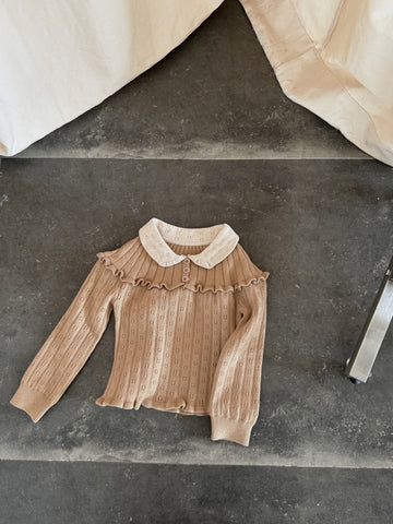 Suéter de punto calado de manga larga con cuello redondo, ribete festoneado y bloques de color para niños【mh0014074】