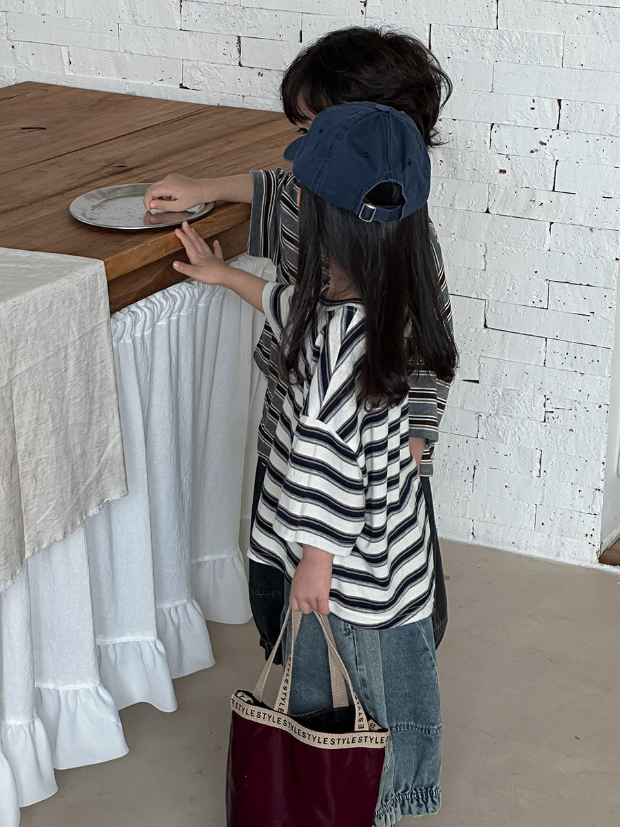 Striped Asymmetrical Hem Cotton Tops ボーダー 半袖Tシャツ【mh0013465】