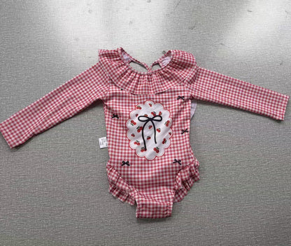 Long-Sleeve Gingham Cherry One-Piece Swimwear チェック 長袖ワンピース水着【mh0013335】