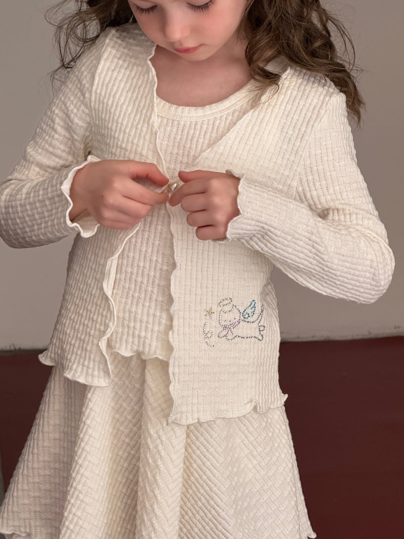 Kids' Mellow Frill Waffle Knit Long-Sleeve Cardigan, Camisole, and Flare Skirt Set [mh0014077]