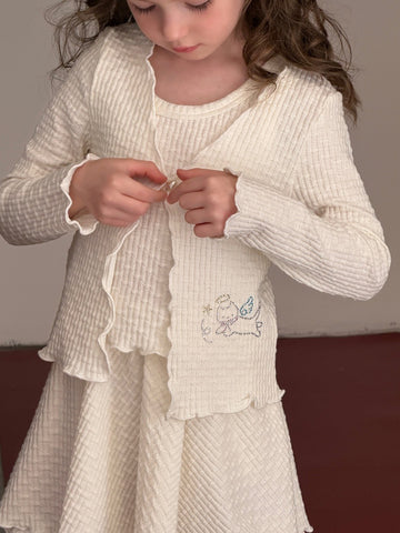 Conjunto de cárdigan de punto gofrado de manga larga con volantes melocotón para niños, camisola y falda acampanada 【mh0014077】