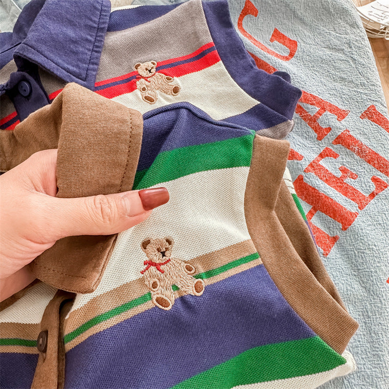キッズ ボーダー くまワンポイント刺繍 フレンチスリーブ ポロシャツ【mh0001819】