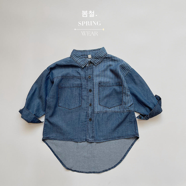 キッズ 切り替え ストライプ デニム 長袖シャツ【mh0013934】