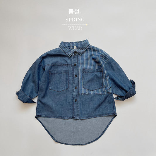 Camisa vaquera de manga larga a rayas combinada para niños【mh0013934】