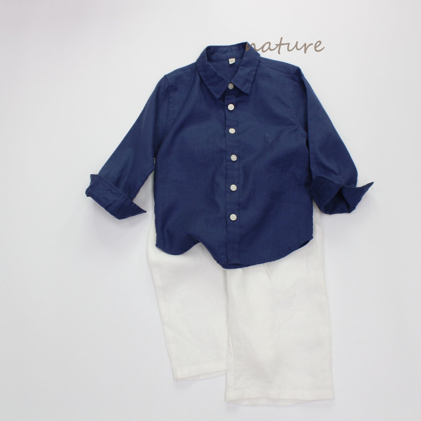 Embroidered Deer Linen Blend Top ワンポイント長袖シャツ【mh0013630】