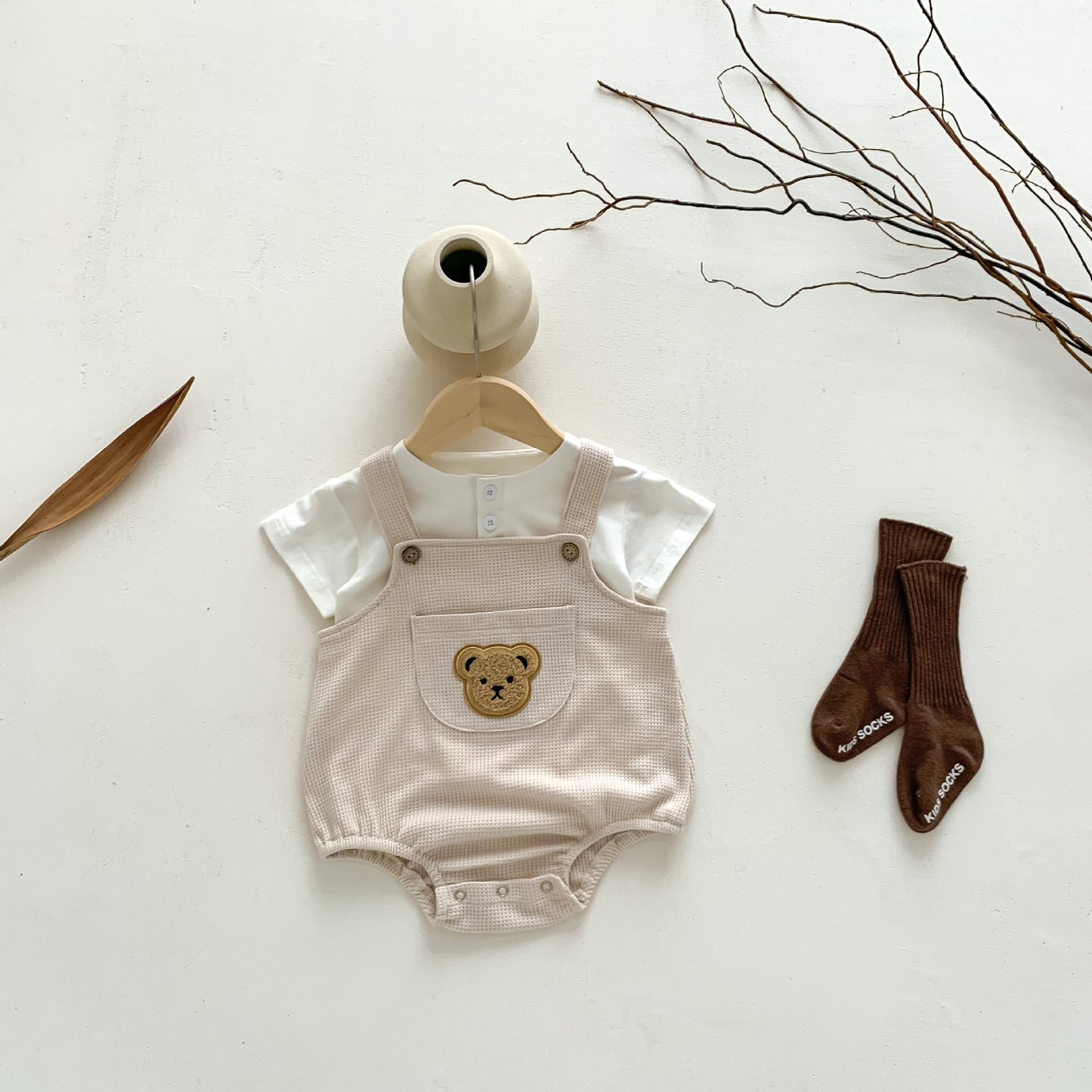 ベビー ベア ワッフル サスペンダー ロンパース 半袖 Tシャツ【mh0001951】