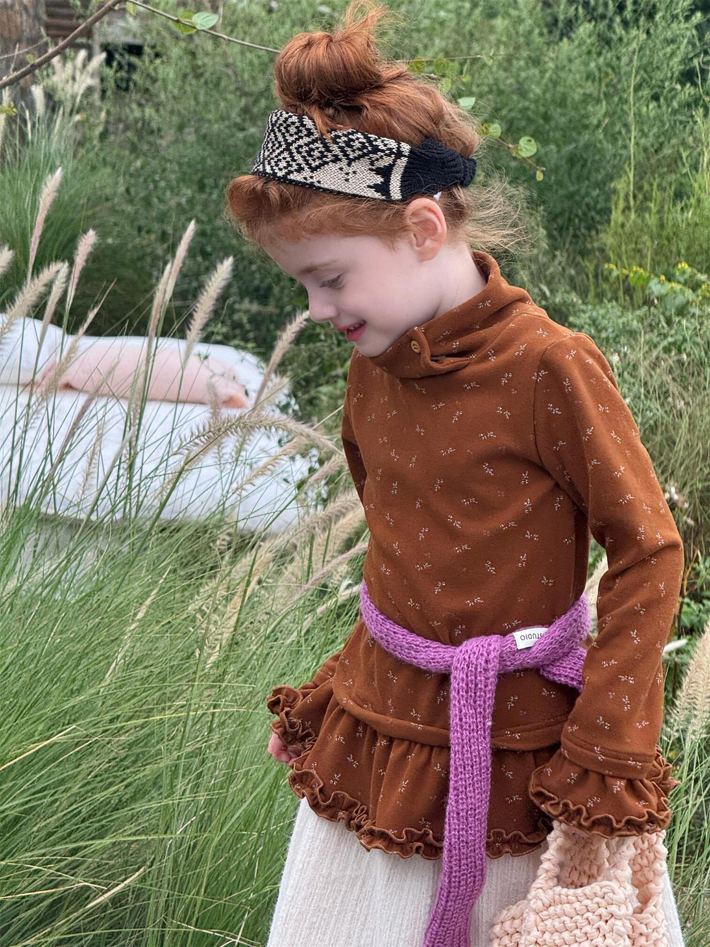 長袖ハイネックTシャツ 花柄 裾フリル レイヤード【mh0011748】