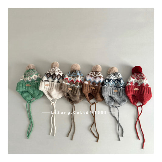 キッズ ニット帽 ノルディック柄 耳当て付き ボンボン 韓国風【mh0011593】