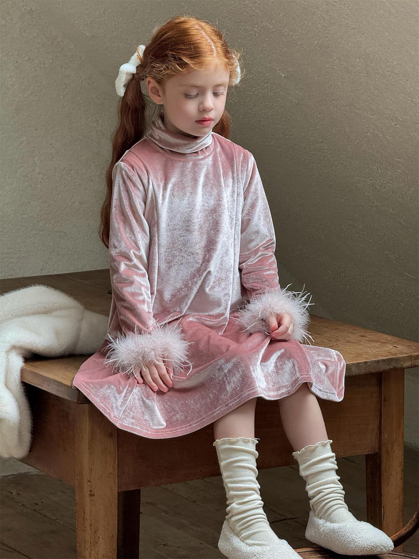 ベロアワンピース ハイネック 裏起毛 パーティドレス【mh0011752】