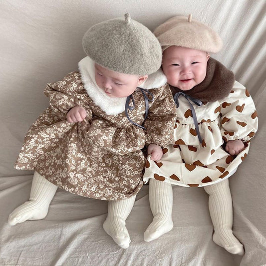 Faux Fur Collar Printed Padded Dress 花柄 ハート柄ワンピース【mh0012634】