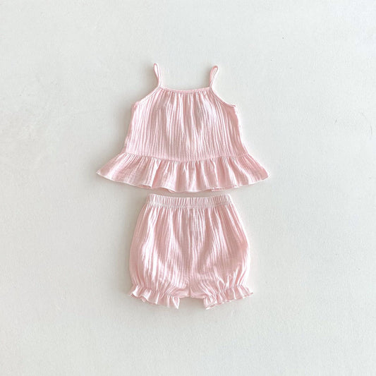 Candy Applique Gauze Frill Flared Set キャンディ キャミソール ショートパンツ セット【mh0013438】