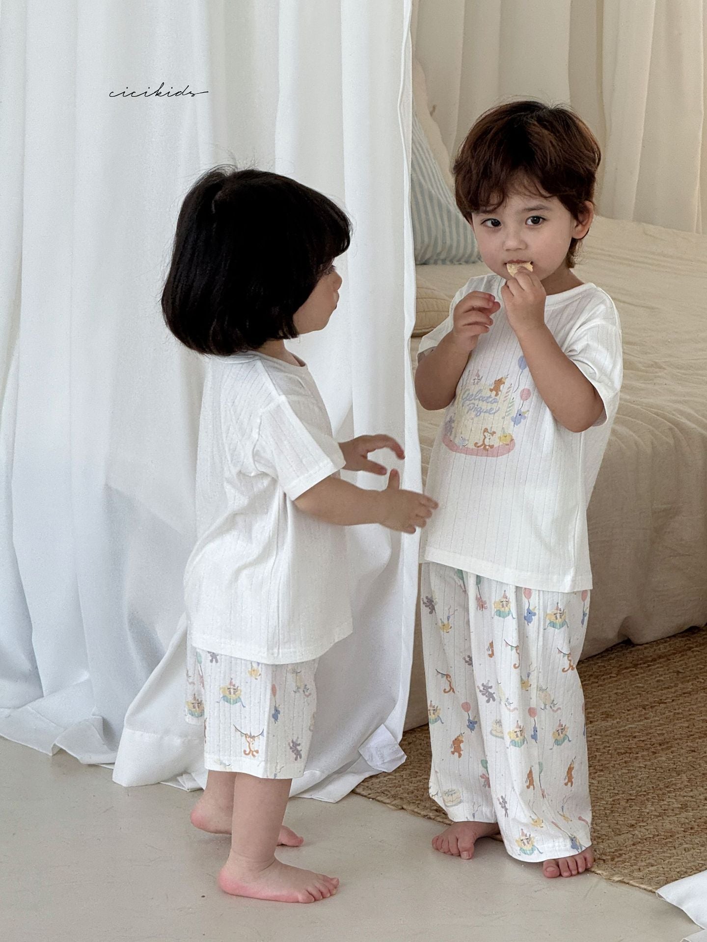 Parent-child Short-sleeved Loungewear ベア 半袖Tシャツ ロングパンツ ショートパンツ【mh0013306】