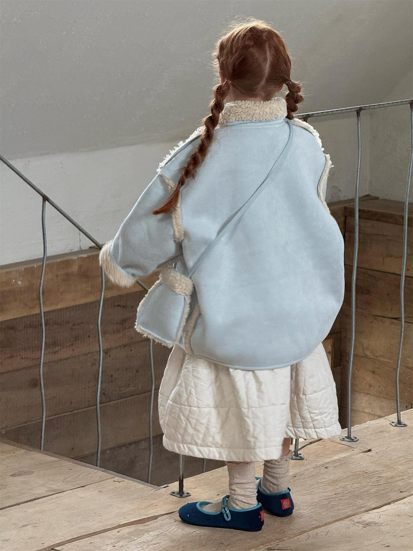 Faux shearling duffle coat with boa, dull blue, mid-length [mh0011751]